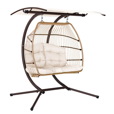 Gardeon Outdoor Egg Swing Chair Wicker Furniture Pod Stand Canopy 2 Seater Latte