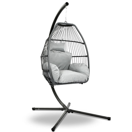 Gardeon Outdoor Egg Swing Chair Wicker Rope Furniture Pod Stand Cushion Grey