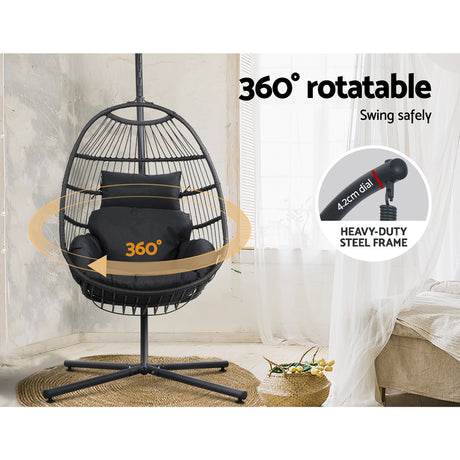 Ember Outdoor Egg Swing Chair Wicker Rope Furniture Pod Stand Foldable Grey
