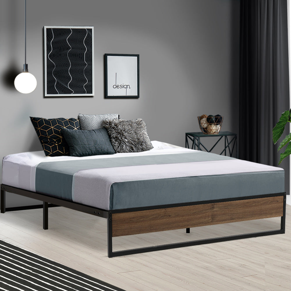 Osol Metal Bed Frame - Double Size Black and dark wood