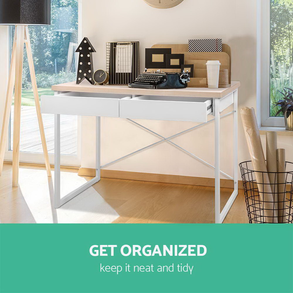 Oak & White Computer Desk with Drawers