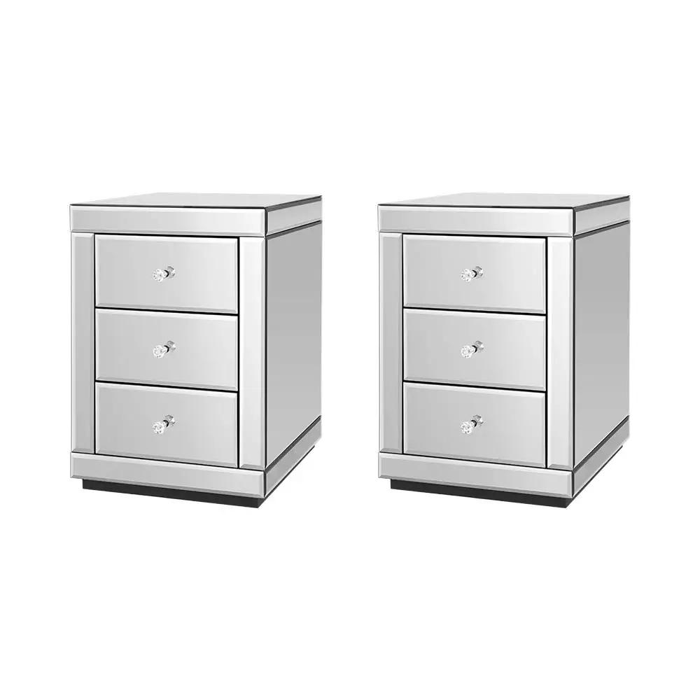 Ember Bedside Table 3 Drawers Mirrored X2 - PRESIA Silver