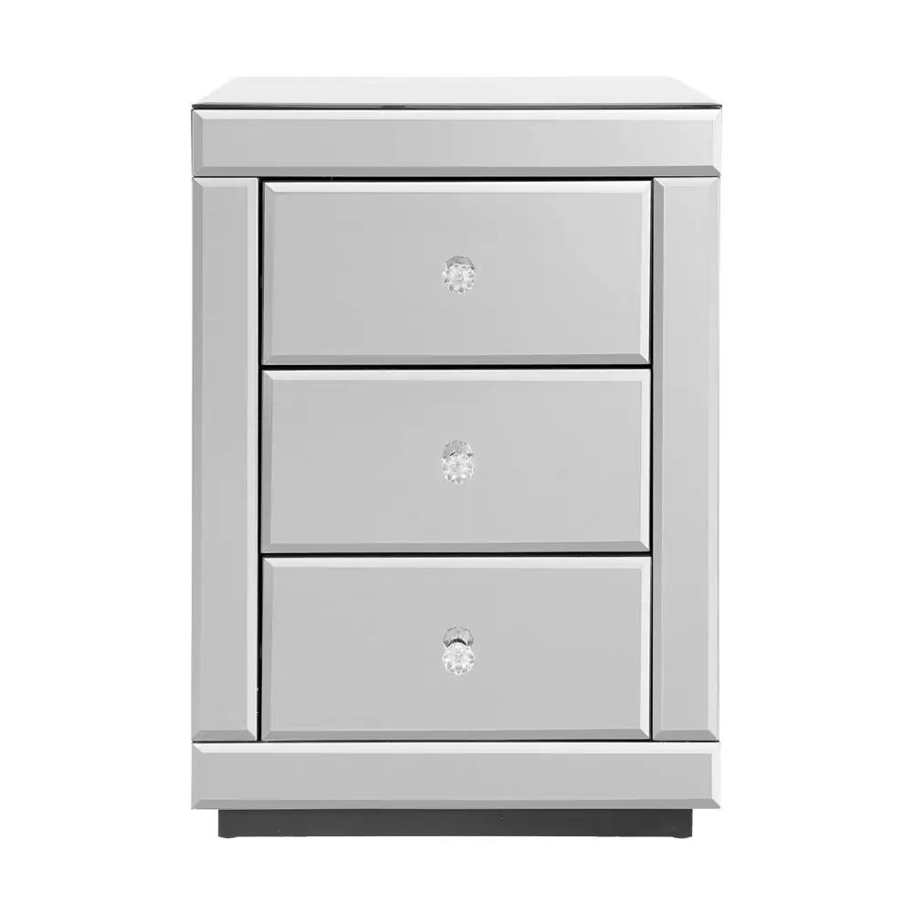 Ember Bedside Table 3 Drawers Mirrored X2 - PRESIA Silver