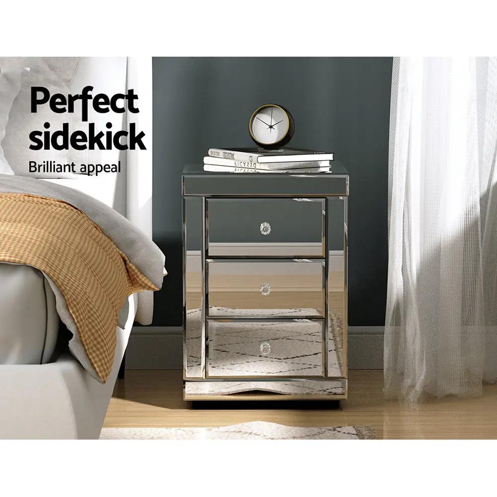 Ember Bedside Table 3 Drawers Mirrored X2 - PRESIA Silver