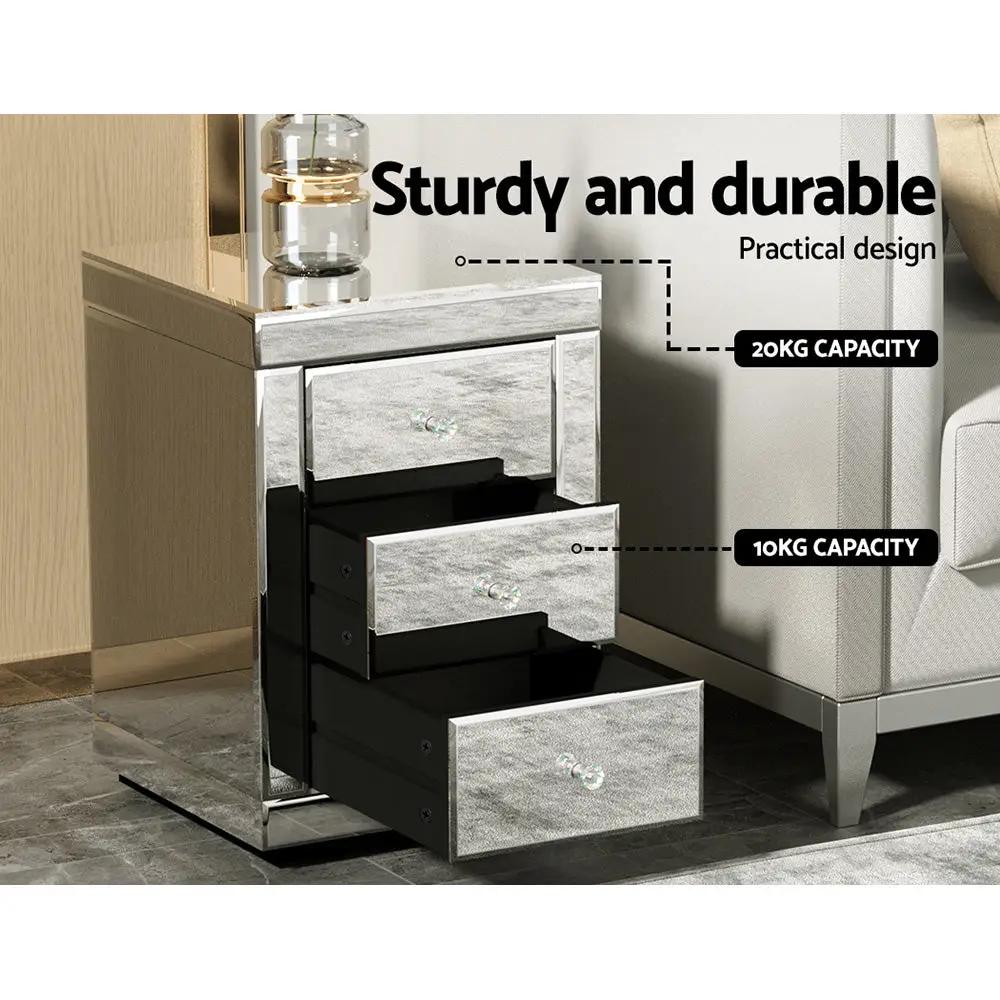 Ember Bedside Table 3 Drawers Mirrored X2 - PRESIA Silver