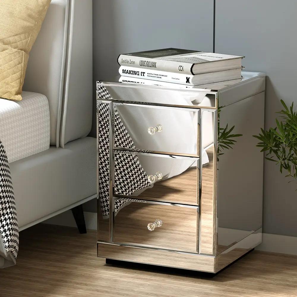 Ember Bedside Table 3 Drawers Mirrored X2 - PRESIA Silver