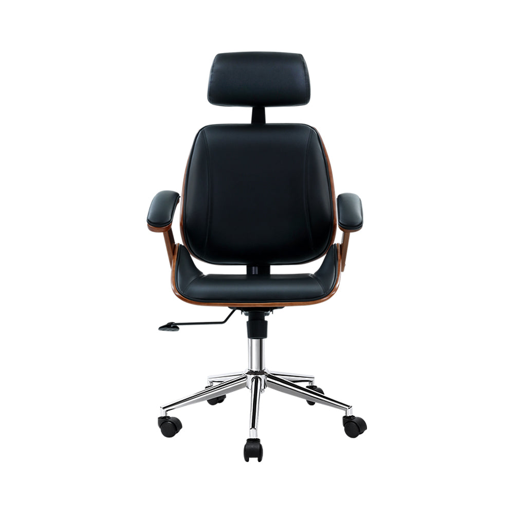 Wooden Office Chair Leather Seat Black