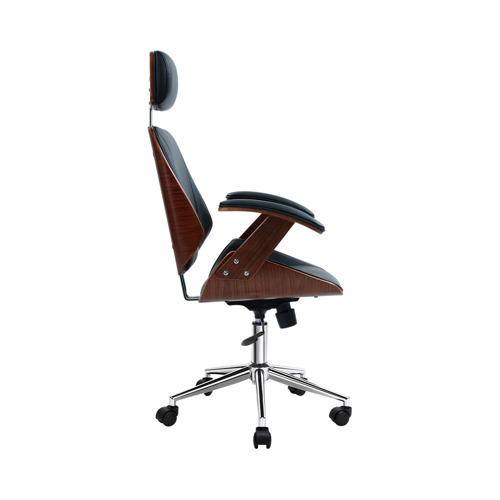 Wooden Office Chair Leather Seat Black