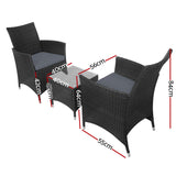 Gardeon 3PC Outdoor Bistro Set Patio Furniture Wicker Setting Chairs Table Cushion Black