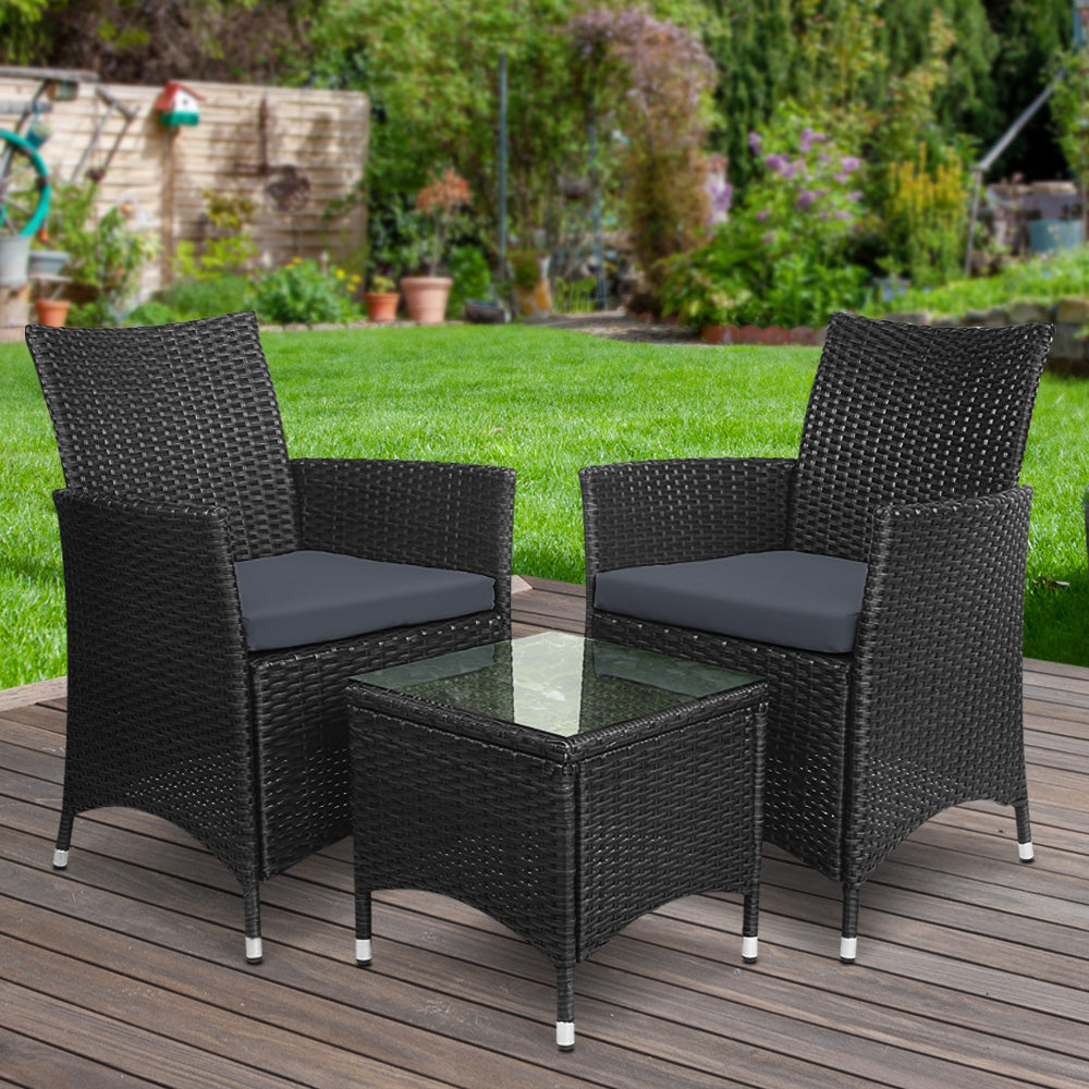 Gardeon 3PC Outdoor Bistro Set Patio Furniture Wicker Setting Chairs Table Cushion Black