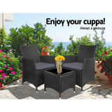 Gardeon 3PC Outdoor Bistro Set Patio Furniture Wicker Chairs Table Cushion All Black