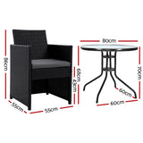 Gardeon 3PC Bistro Set Outdoor Furniture Rattan Table Chairs Cushion Patio Garden Hugo