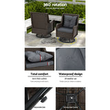 Gardeon 3PC Outdoor Furniture Bistro Set Lounge Wicker Swivel Chairs Table Cushion Brown