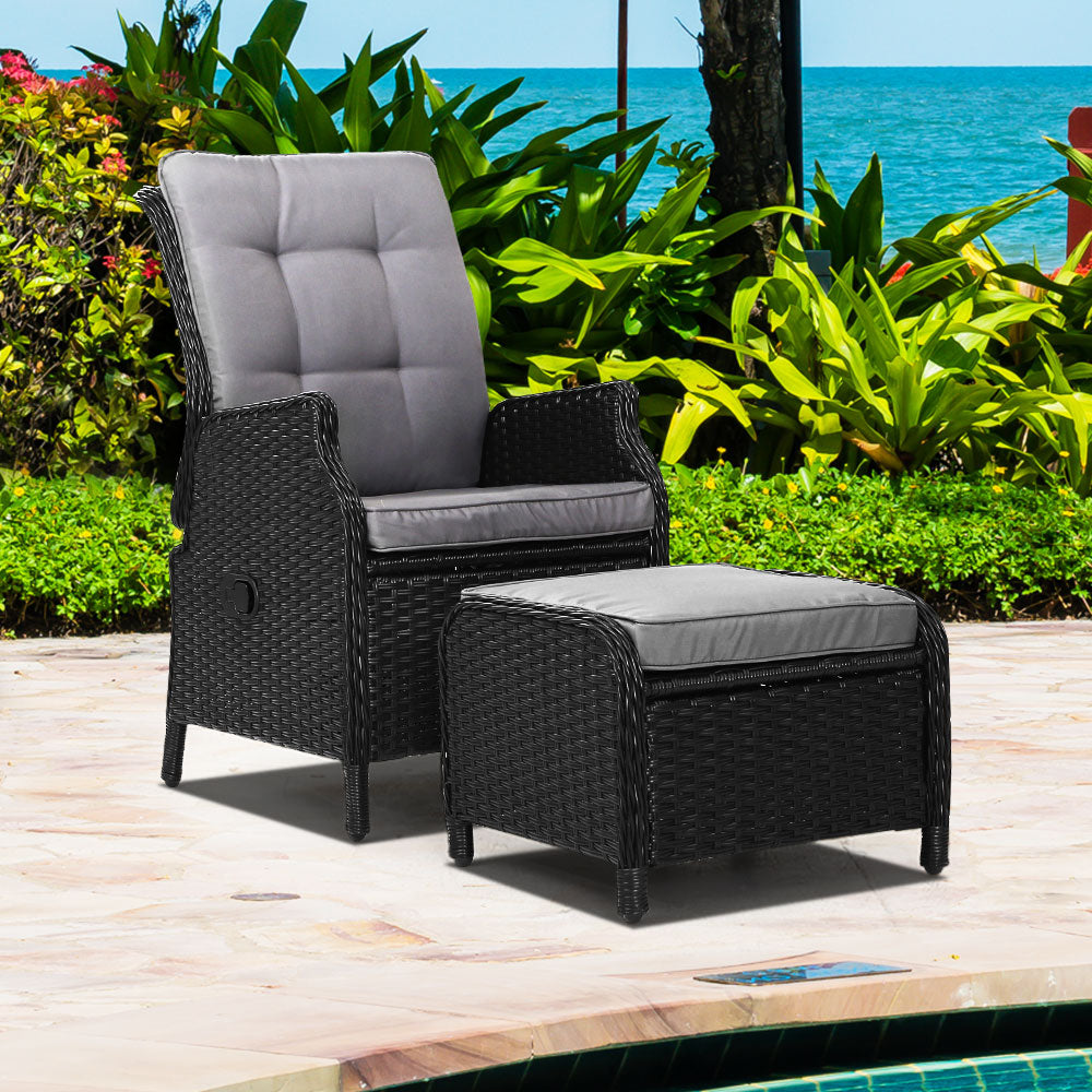 Gardeon Sun lounge Wicker Lounger Outdoor Furniture Patio Adjustable Black