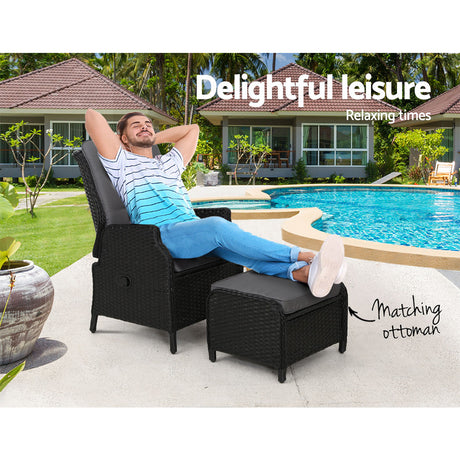 Gardeon Sun lounge Wicker Lounger Outdoor Furniture Patio Adjustable Black