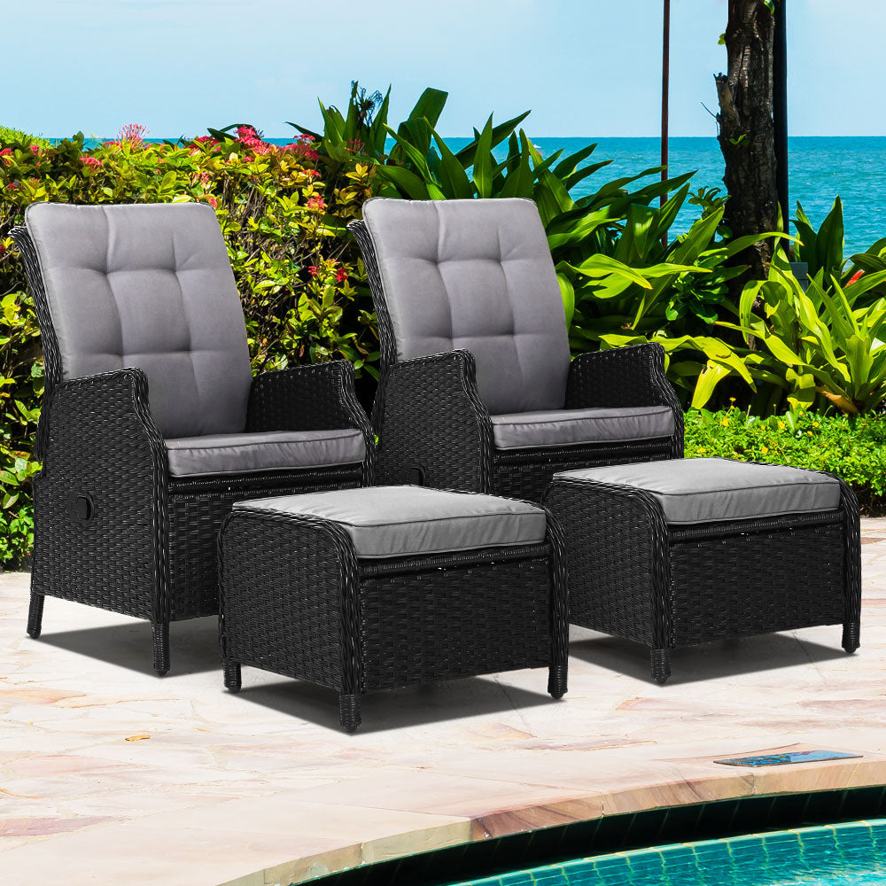 Gardeon 2PC Sun lounge Wicker Outdoor Furniture Adjustable Black