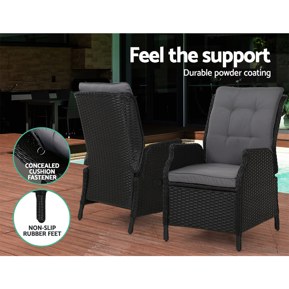 Gardeon 2PC Sun lounge Wicker Outdoor Furniture Adjustable Black