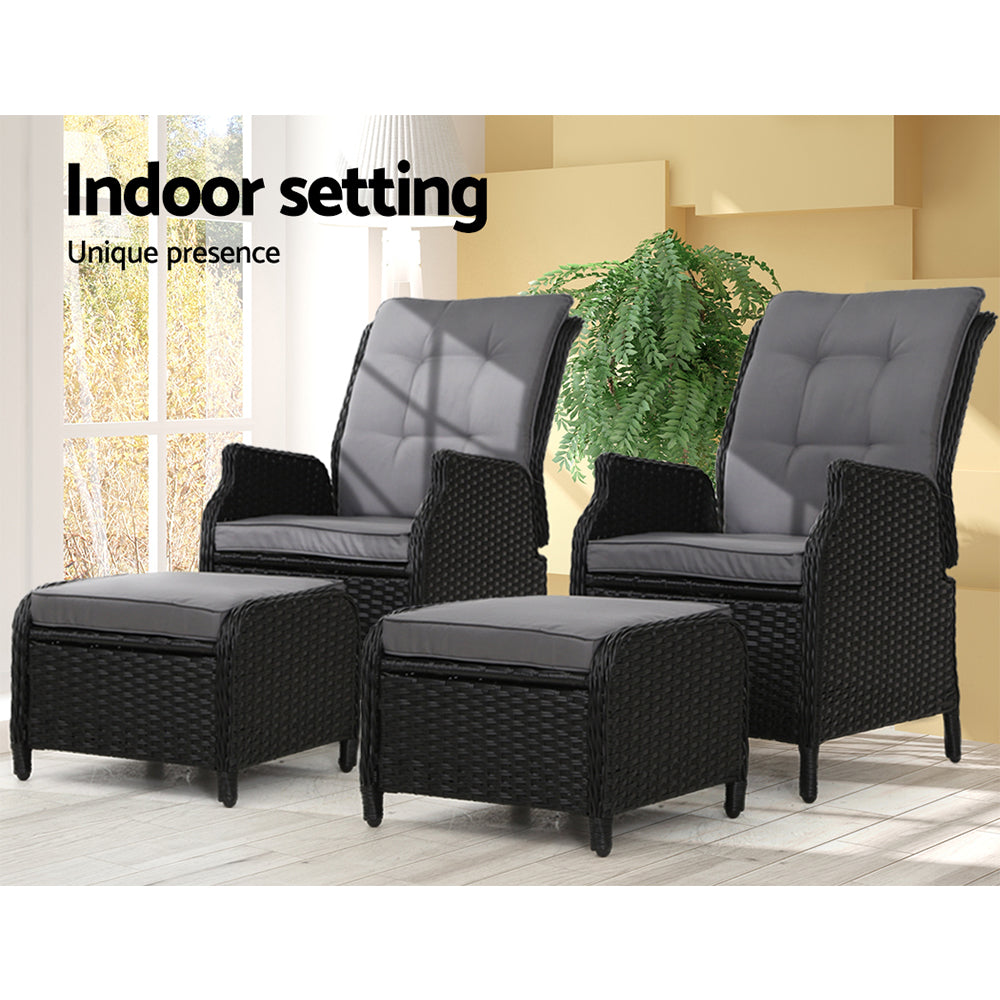 Gardeon 2PC Sun lounge Wicker Outdoor Furniture Adjustable Black