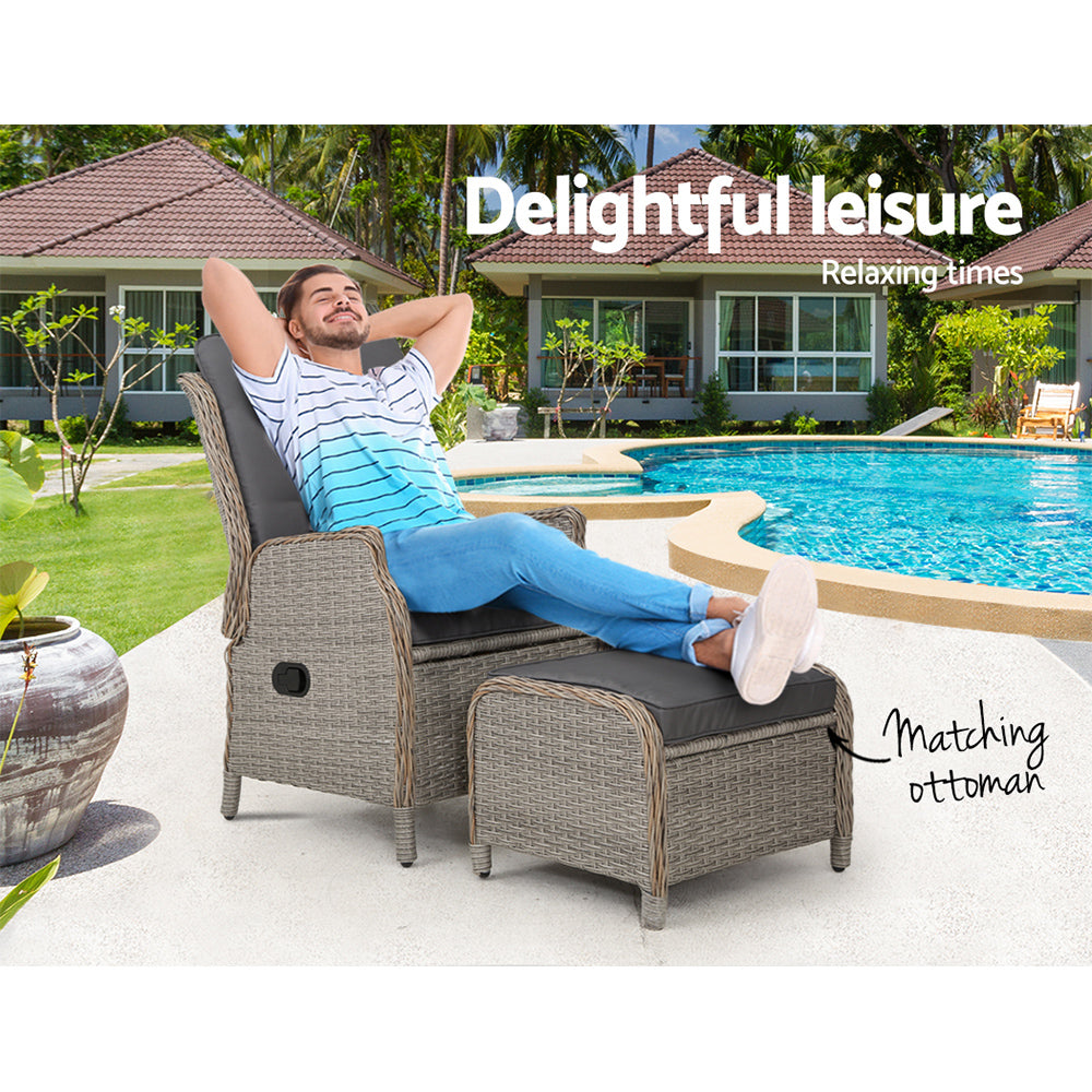 Gardeon Sun lounge Wicker Lounger Outdoor Furniture Patio Adjustable Grey