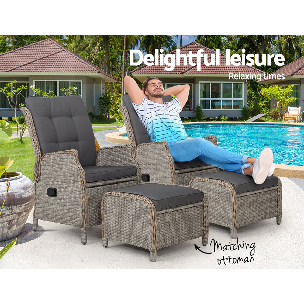 Gardeon 2PC Sun lounge Wicker Lounger Outdoor Furniture Adjustable Grey