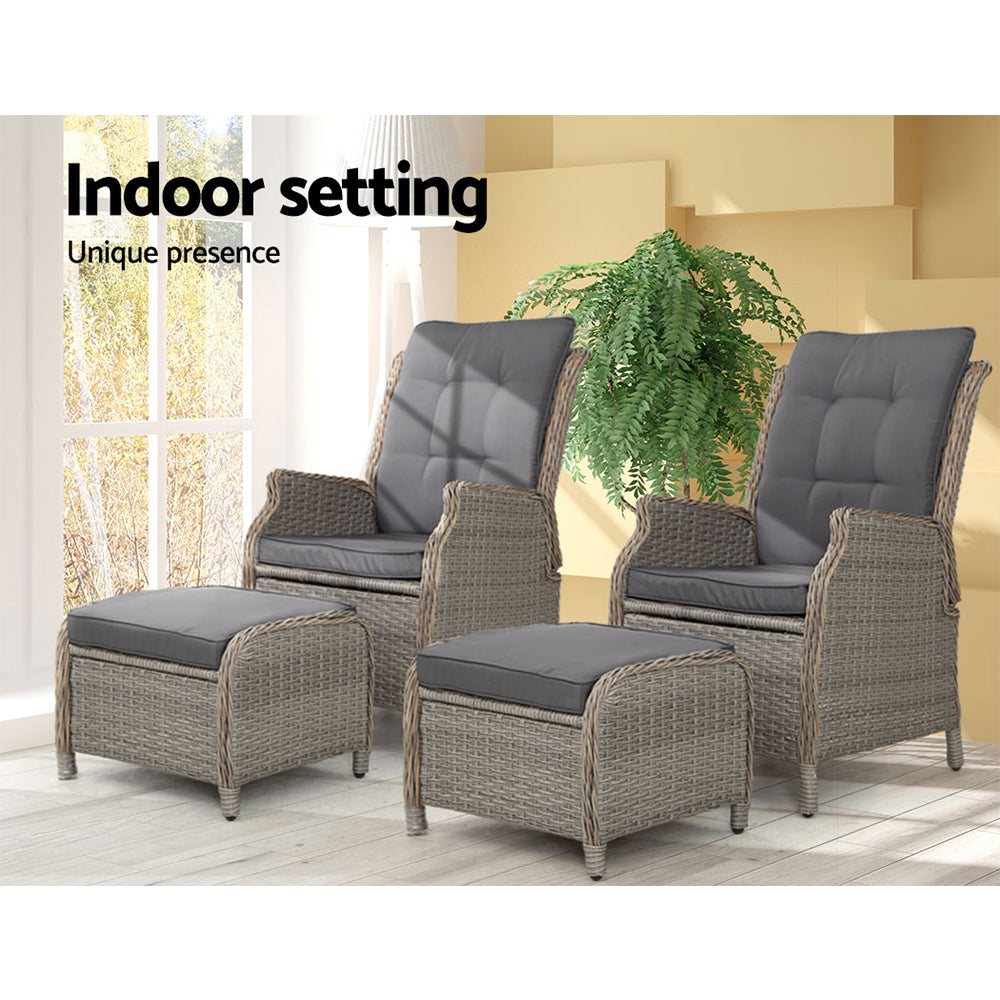 Gardeon 2PC Sun lounge Wicker Lounger Outdoor Furniture Adjustable Grey