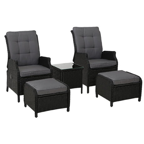 Gardeon Sun lounge Wicker Outdoor Furniture 5PC Table + Adjustable Black