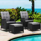 Gardeon Sun lounge Wicker Outdoor Furniture 5PC Table + Adjustable Black