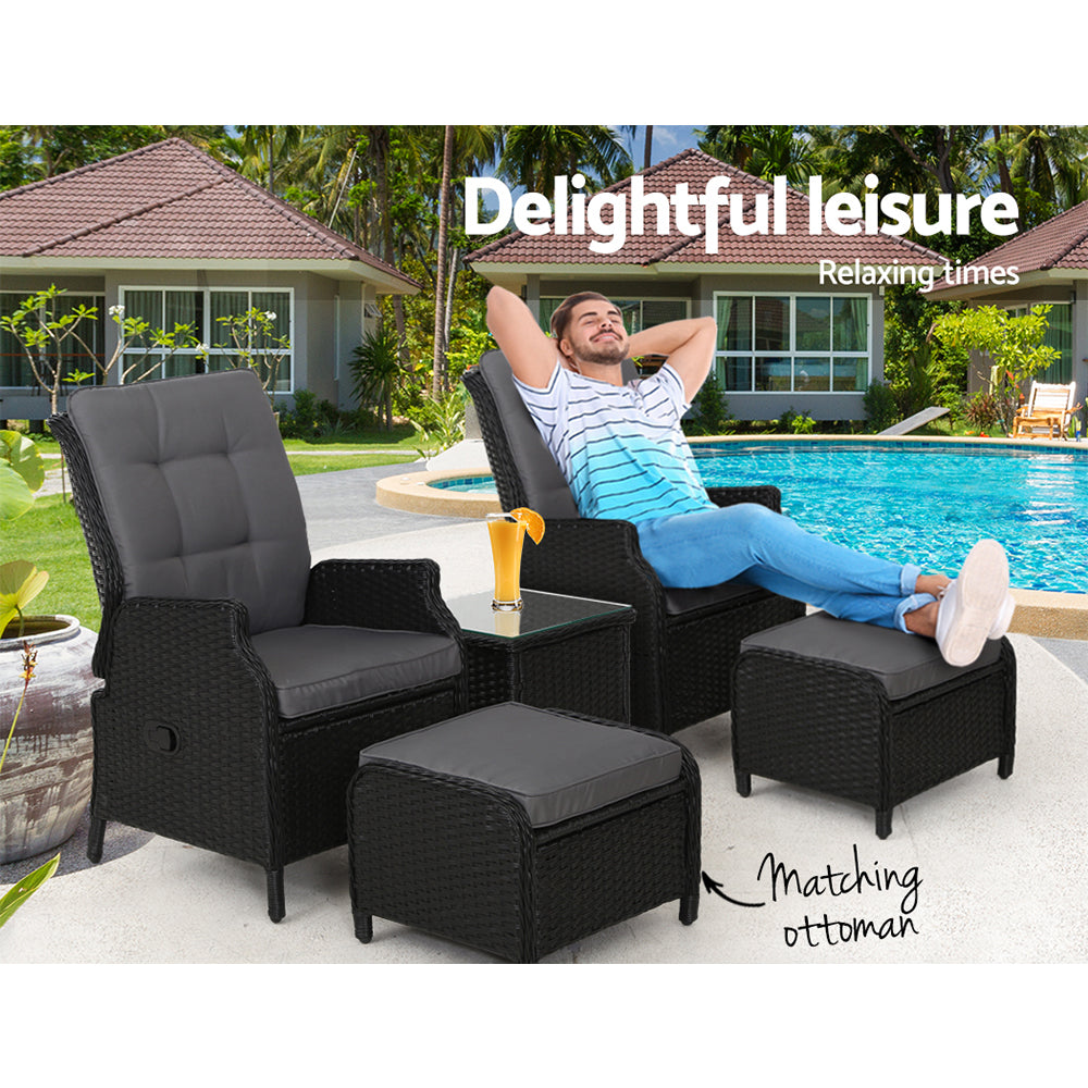 Gardeon Sun lounge Wicker Outdoor Furniture 5PC Table + Adjustable Black