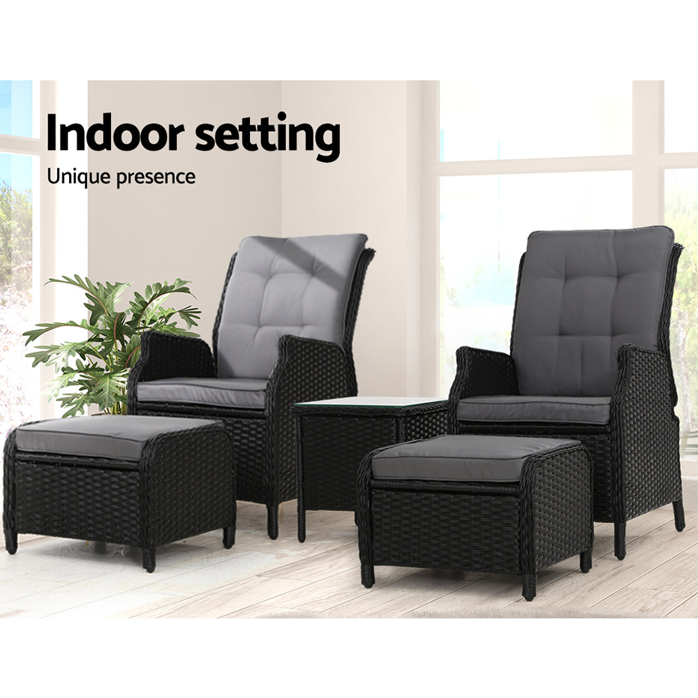 Gardeon Sun lounge Wicker Outdoor Furniture 5PC Table + Adjustable Black