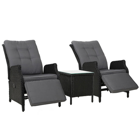 Gardeon 3PC Table Sun lounge Outdoor Furniture Wicker Adjustable Black