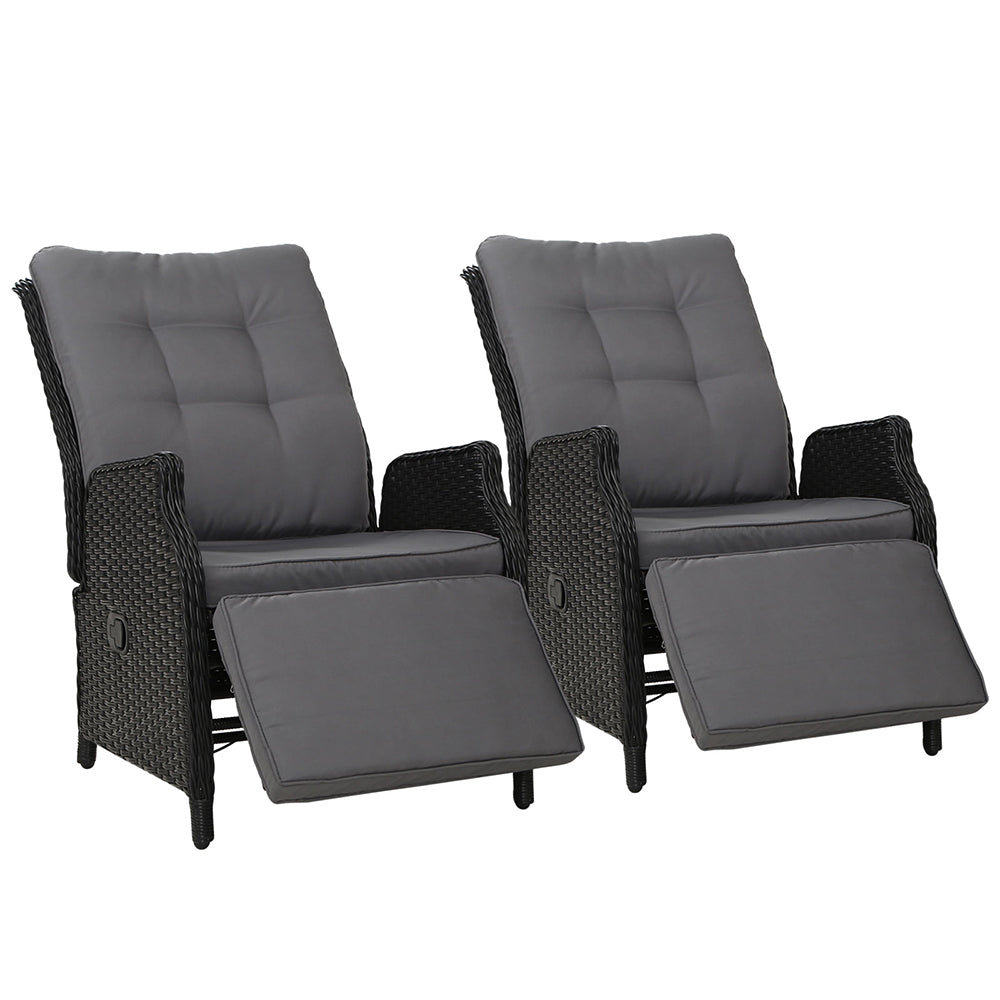 Gardeon 2PC Sun lounge Wicker Lounger Outdoor Furniture Adjustable Black