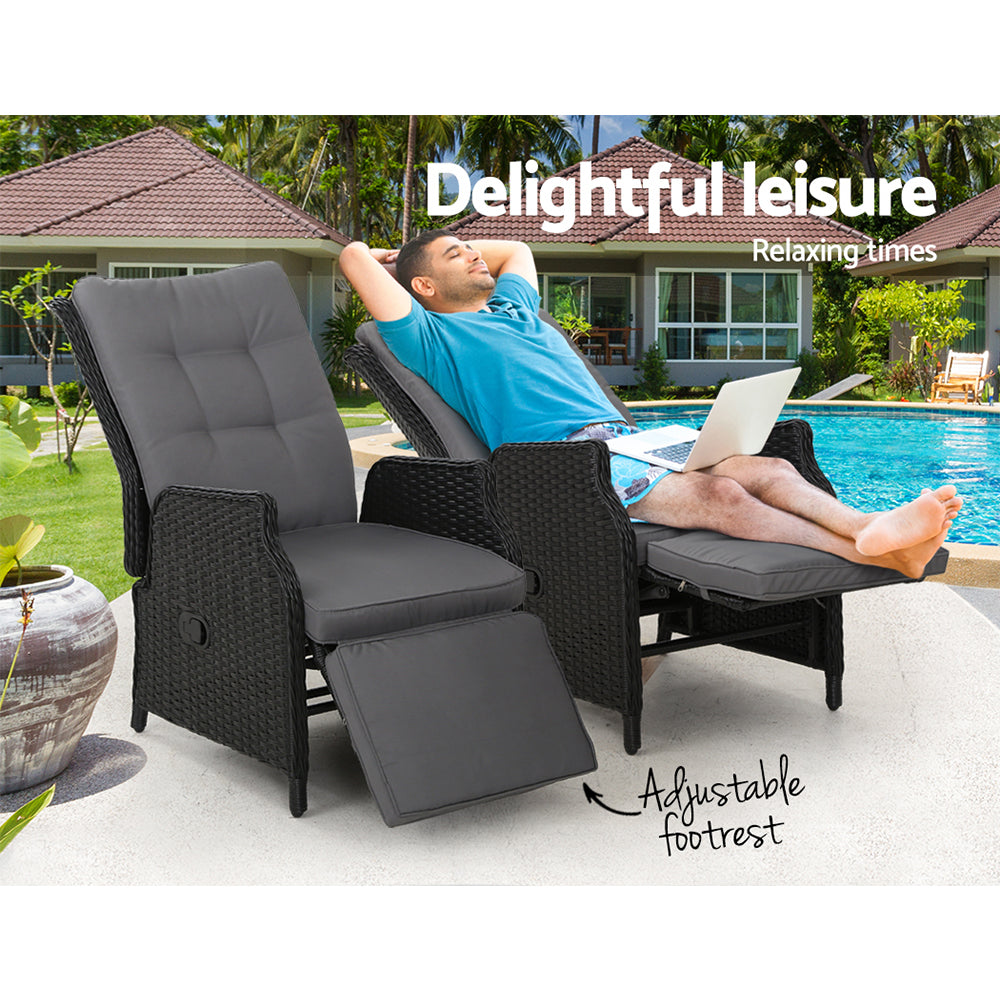 Gardeon 2PC Sun lounge Wicker Lounger Outdoor Furniture Adjustable Black