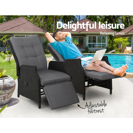 Gardeon 2PC Sun lounge Wicker Lounger Outdoor Furniture Adjustable Black