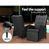 Gardeon 2PC Sun lounge Wicker Lounger Outdoor Furniture Adjustable Black