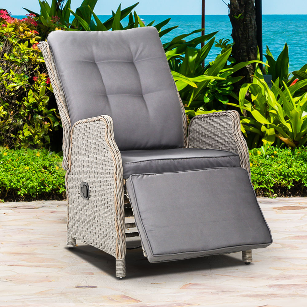 Gardeon Sun lounge Wicker Lounger Outdoor Furniture Patio Adjustable Grey