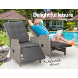 Gardeon 2PC Sun lounge Wicker Lounger Outdoor Furniture Adjustable Grey