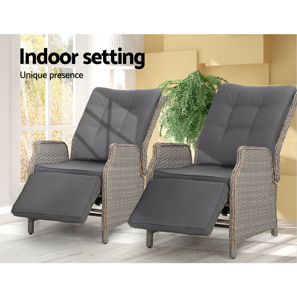 Gardeon 2PC Sun lounge Wicker Lounger Outdoor Furniture Adjustable Grey