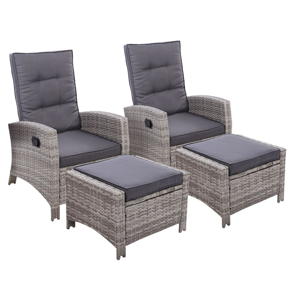 Gardeon 2PC Sun lounge Wicker Lounger Outdoor Furniture Adjustable Grey