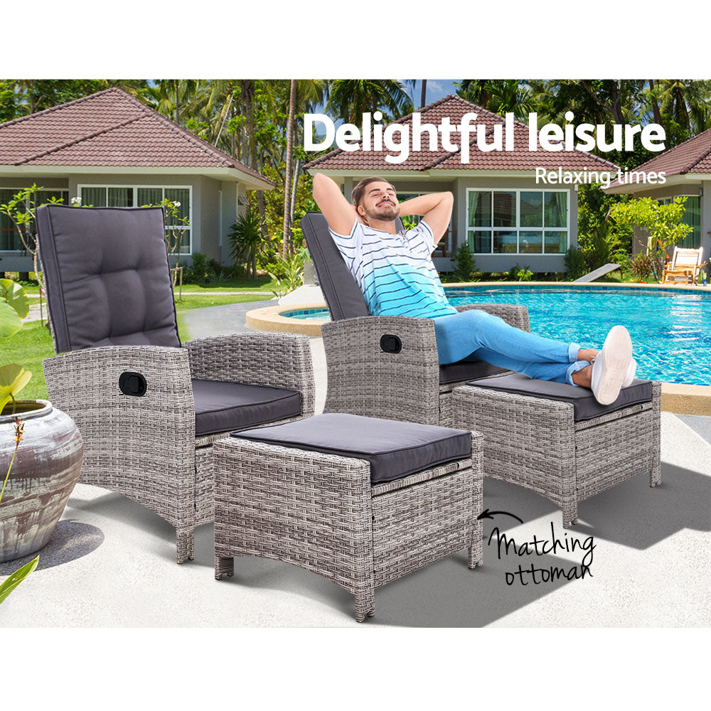 Gardeon 2PC Sun lounge Wicker Lounger Outdoor Furniture Adjustable Grey