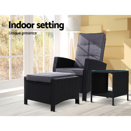 Gardeon 3PC Table + Sun lounge Wicker Outdoor Furniture Adjustable Black