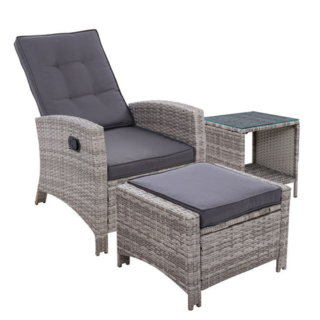 Gardeon 3PC Table Sun lounge Wicker Outdoor Furniture Adjustable Grey