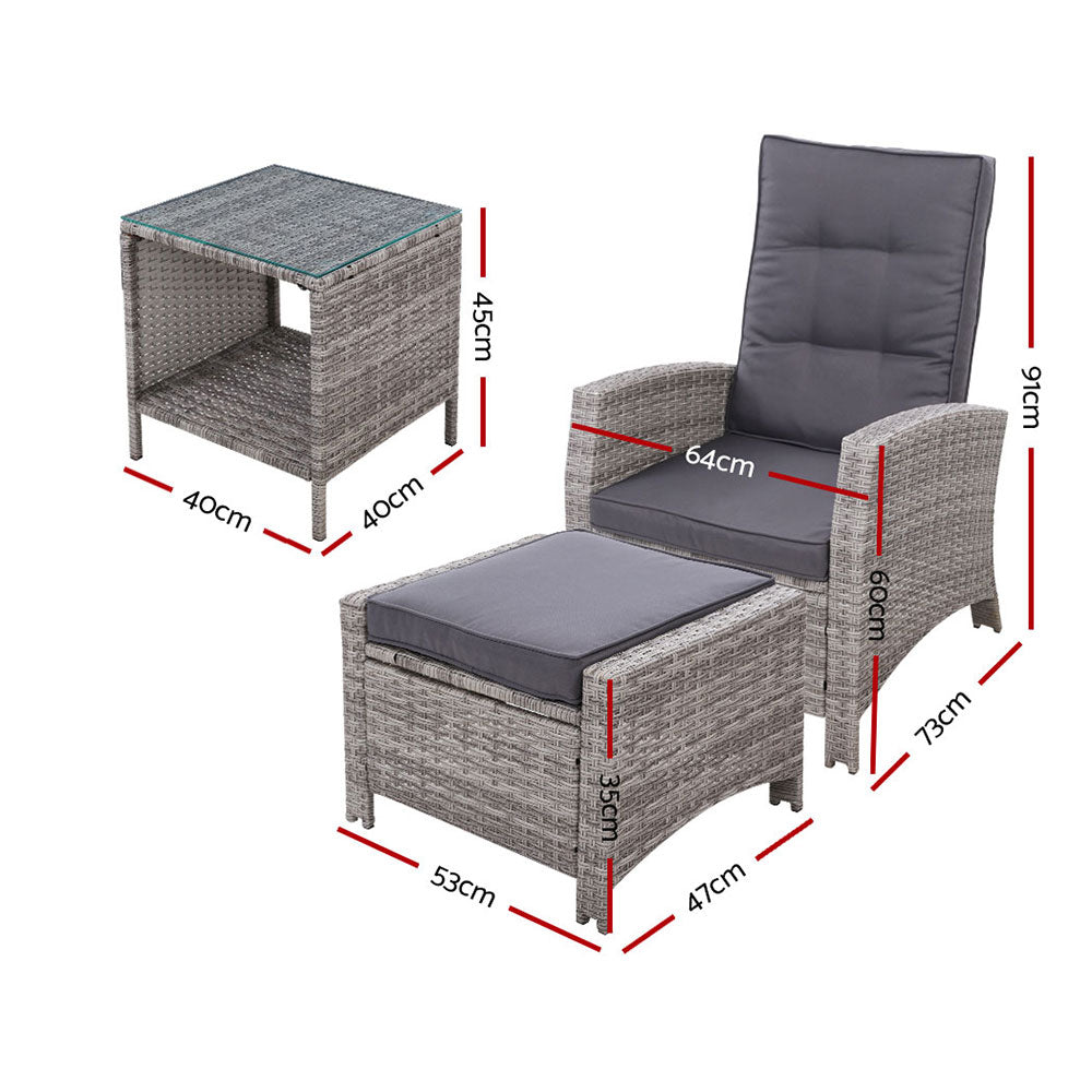 Gardeon 3PC Table Sun lounge Wicker Outdoor Furniture Adjustable Grey