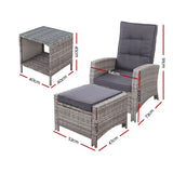 Gardeon 3PC Table Sun lounge Wicker Outdoor Furniture Adjustable Grey