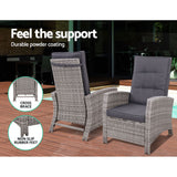 Gardeon 3PC Table Sun lounge Wicker Outdoor Furniture Adjustable Grey