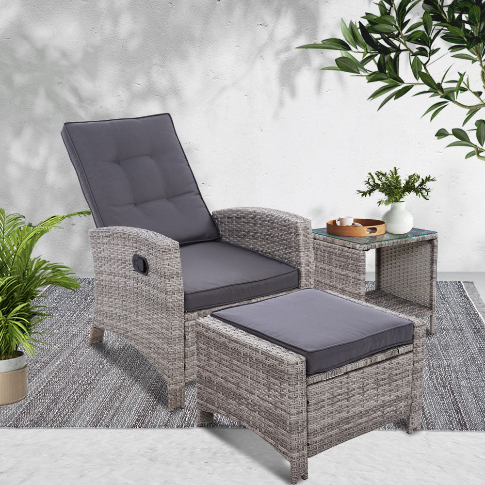 Gardeon 3PC Table Sun lounge Wicker Outdoor Furniture Adjustable Grey