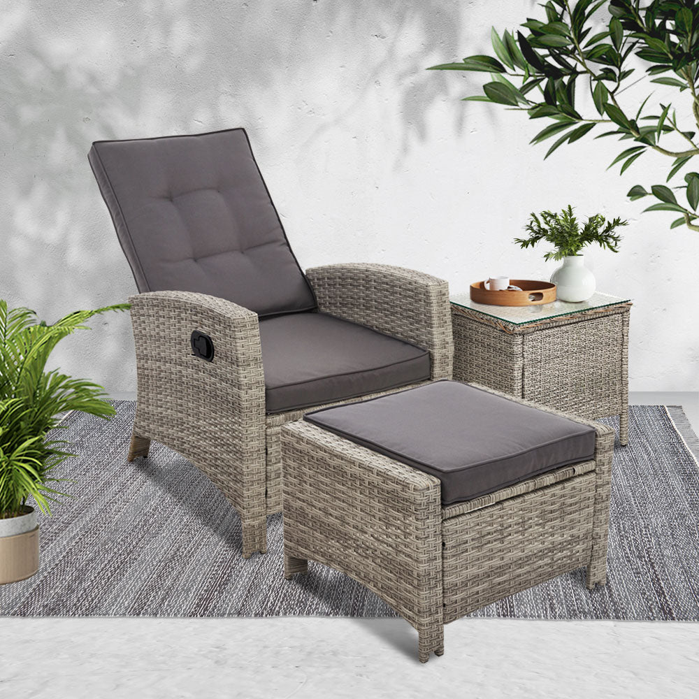 Gardeon 3PC Table Sun lounge Wicker Outdoor Furniture Adjustable Grey