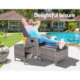 Gardeon 3PC Table Sun lounge Wicker Outdoor Furniture Adjustable Grey