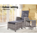 Gardeon 3PC Table Sun lounge Wicker Outdoor Furniture Adjustable Grey