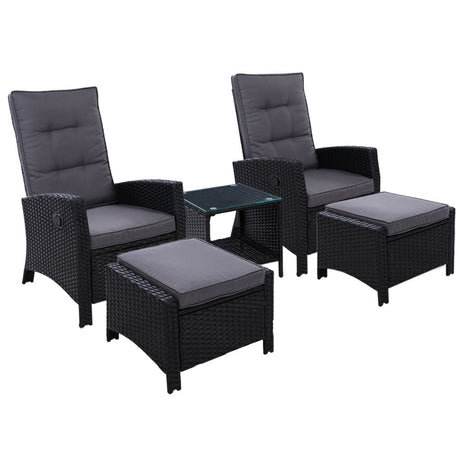 Gardeon 5PC Table + Sun lounge Wicker Outdoor Furniture Adjustable Black