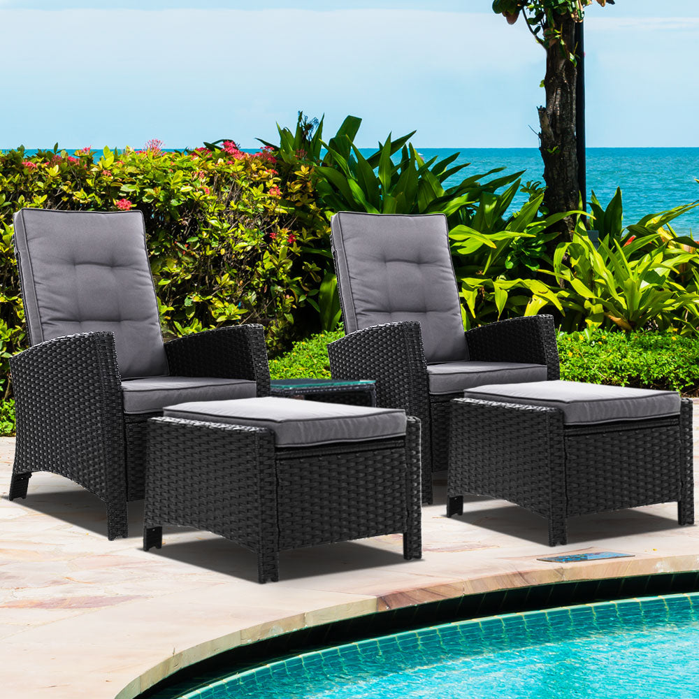 Gardeon 5PC Table + Sun lounge Wicker Outdoor Furniture Adjustable Black